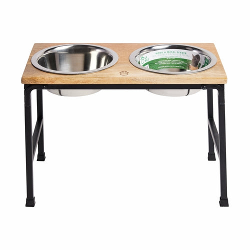 Elevated Wood & Metal Pet Feeder — Raised Bowl Stand for Dogs & Cats