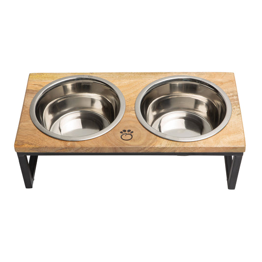 Elevated Wood & Metal Pet Feeder — Raised Bowl Stand for Dogs & Cats