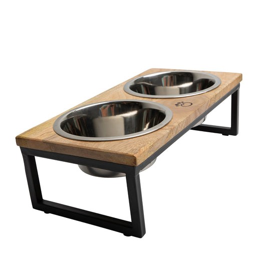 Elevated Wood & Metal Pet Feeder — Raised Bowl Stand for Dogs & Cats